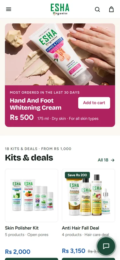 Esha Organics' homepage on a phone