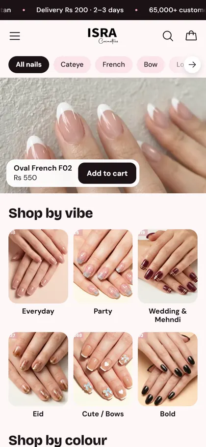 Isra Cosmetics' homepage on a phone